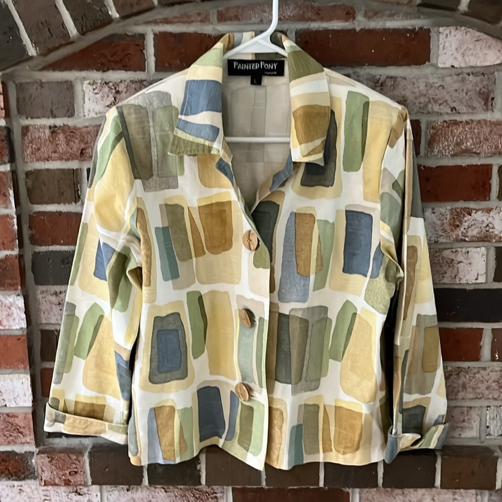 PAINTED PONY Vintage Cream Abstract Wooden Button Linen Jacket L NWOT - Picture 9 of 12
